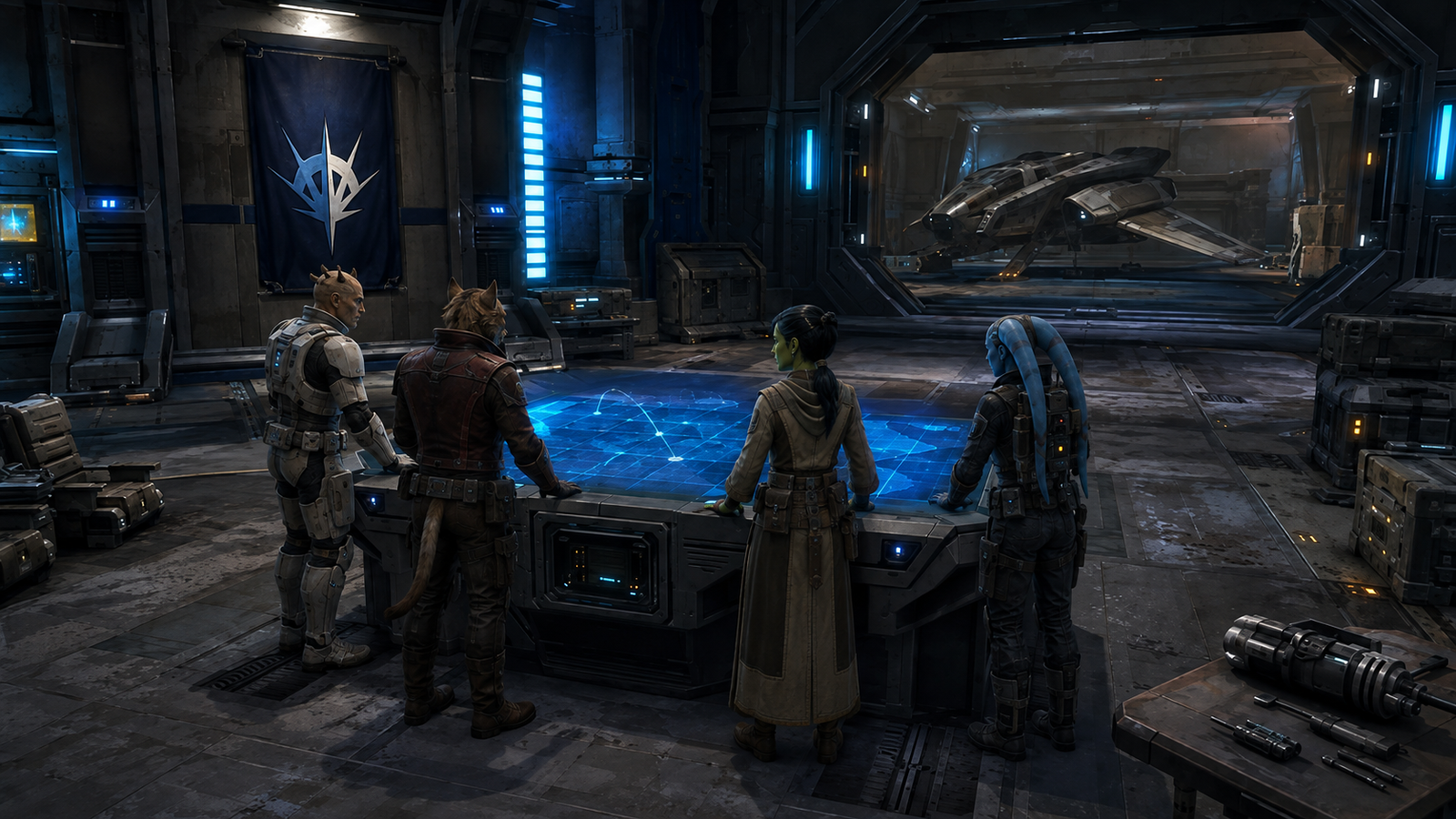 Zabrak, Cathar, Mirialan and Twi'lek guild members gathered around a tactical holotable