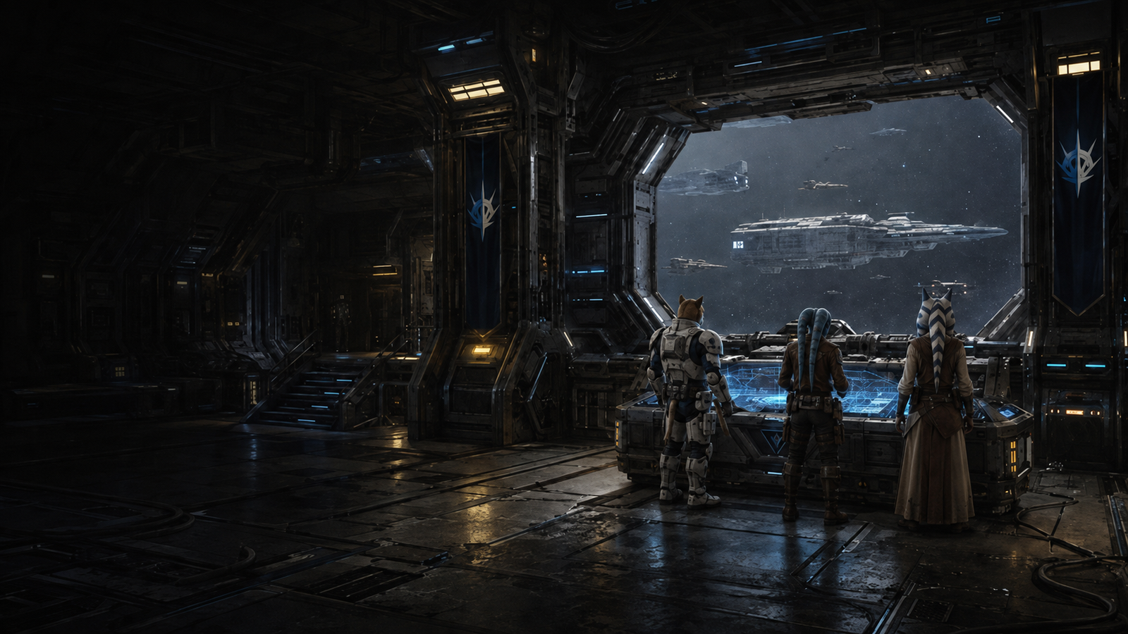 Cathar, Twi'lek and Togruta guild members planning beside a Republic flagship viewport
