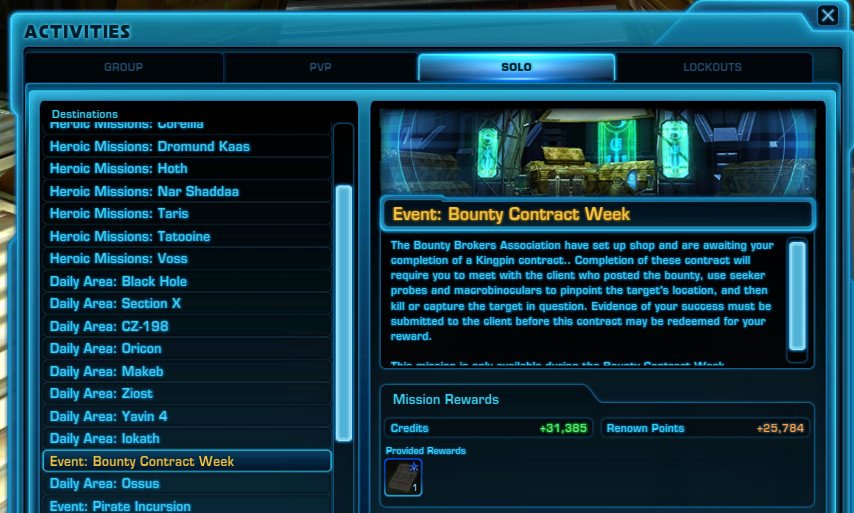 Activities window showing the Event: Bounty Contract Week weekly mission