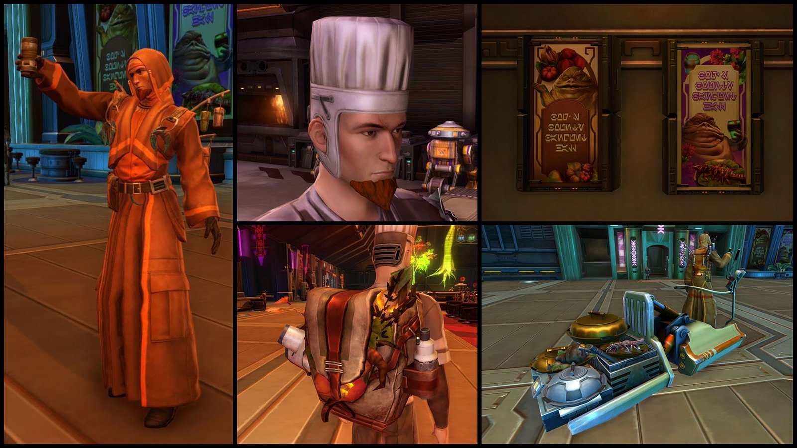 Feast Attire robes, a chef's hat, feast posters and the Feast Ingredient Transport mount