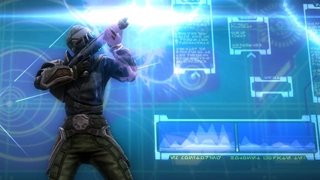 Republic trooper reviewing a holographic equipment display