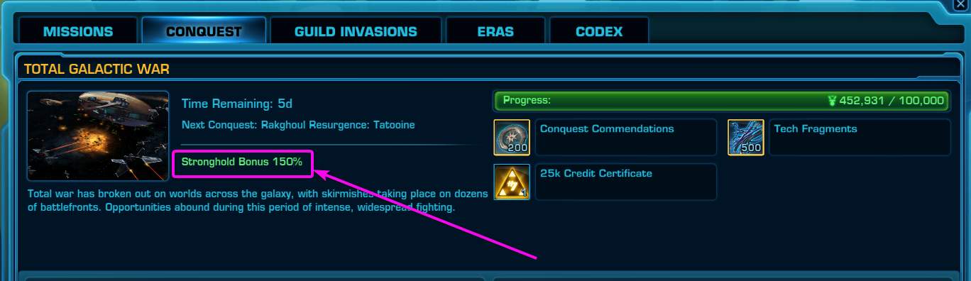 Conquest interface showing Stronghold Bonus 150 percent
